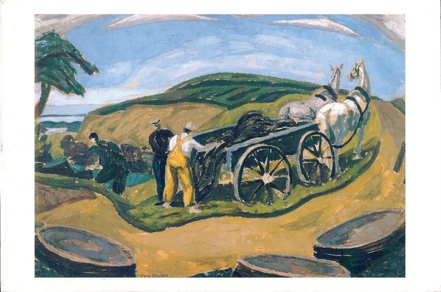 front of postcard: image of 'Potato Farmin in the Dunes' painting by Ross Moffett, 1888-1971, 1928, oil on paper